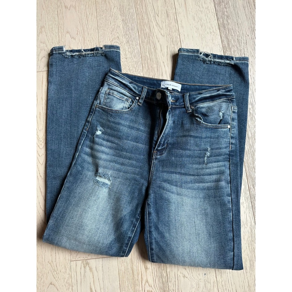 Risen Jeans Distressed Straight Leg Denim Medium Wash High Rise Size 11/30